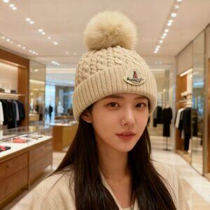 Moncler Women's Cream Knit Pom-Pom Hat